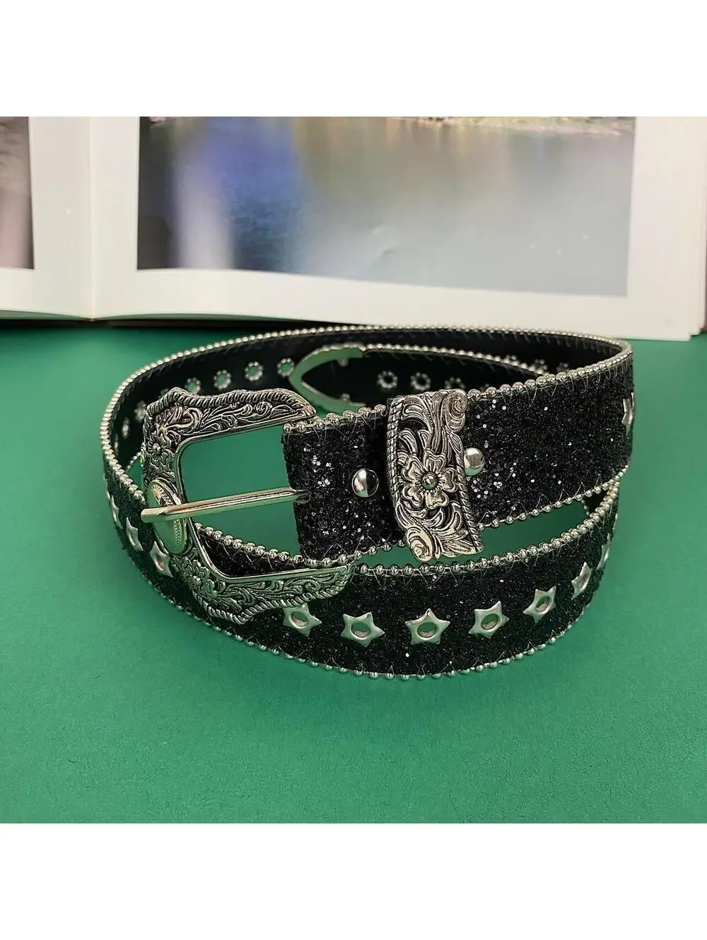 Y2k Style Studded Black and Silver 2-Tone Rhinestone belt. Cool grunge/punk